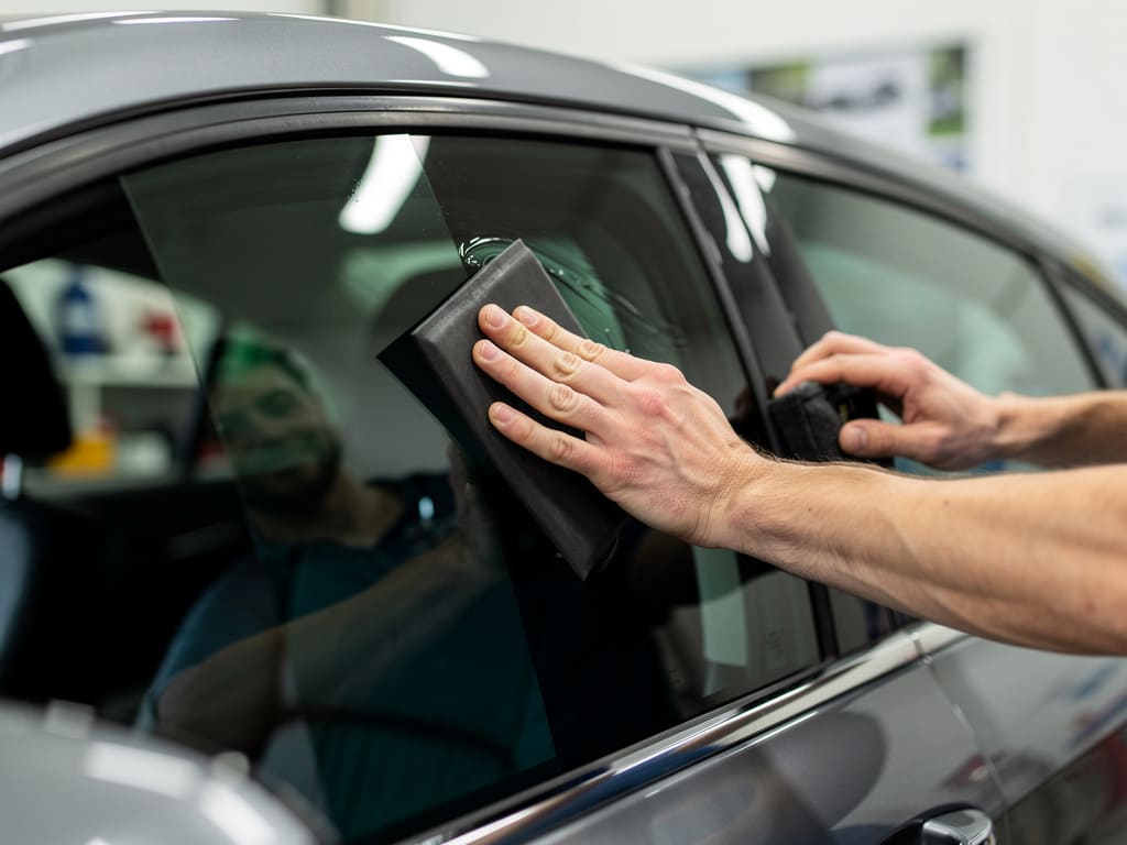 Tecnico applica pellicola oscurante su vetro auto in officina