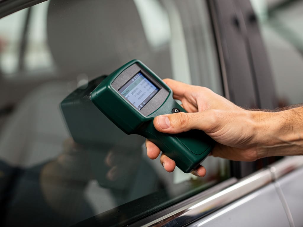 Misuratore di trasmissione luminosa applicato su un vetro auto