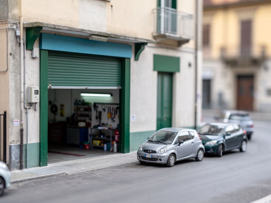 Officina di oscuramento vetri auto con portone aperto